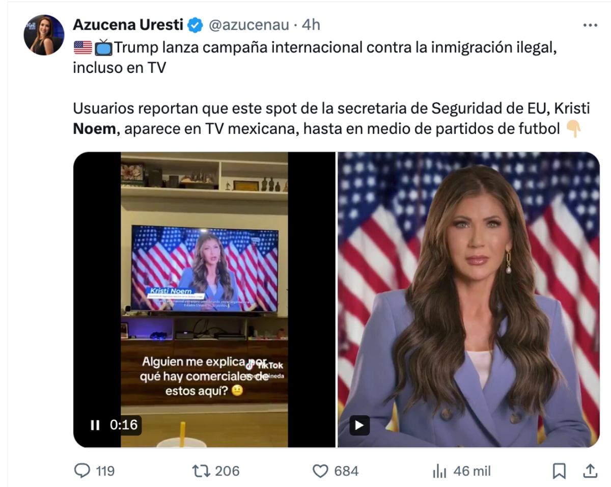 anuncios Trump TV mexicana, anuncios EEUU en México, Kristi Noem, QuéOnnda