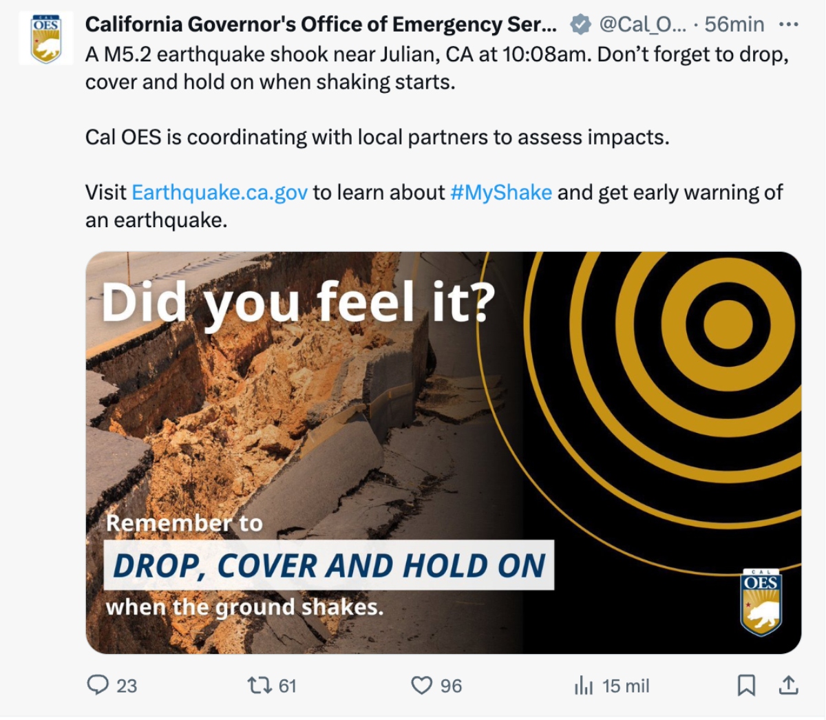 sismo este San Diego, sismo, este San Diego, San Diego, Julián, QuéOnnda