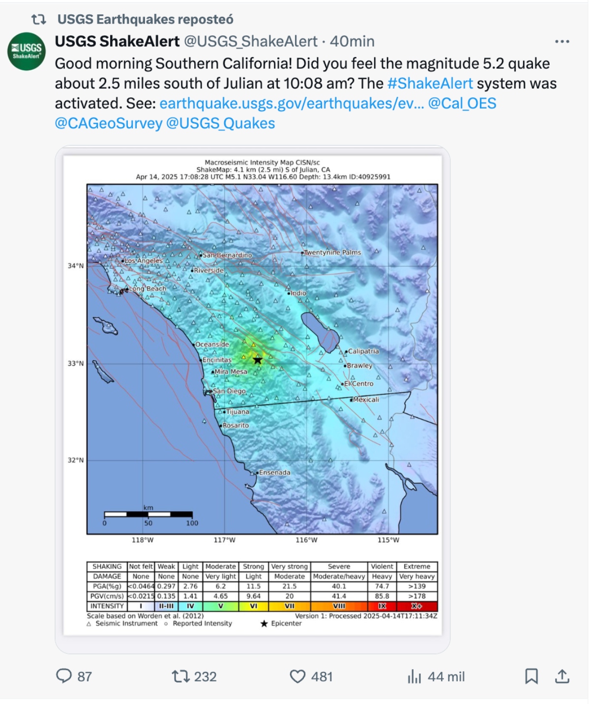 sismo este San Diego, sismo, este San Diego, San Diego, Julián, QuéOnnda