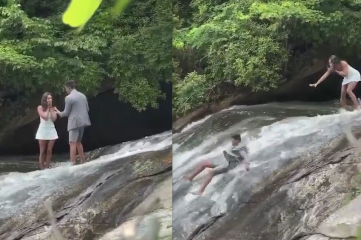 Video viral: Hombre le pide matrimonio a su novia en una cascada y termina cayendo con todo y anillo