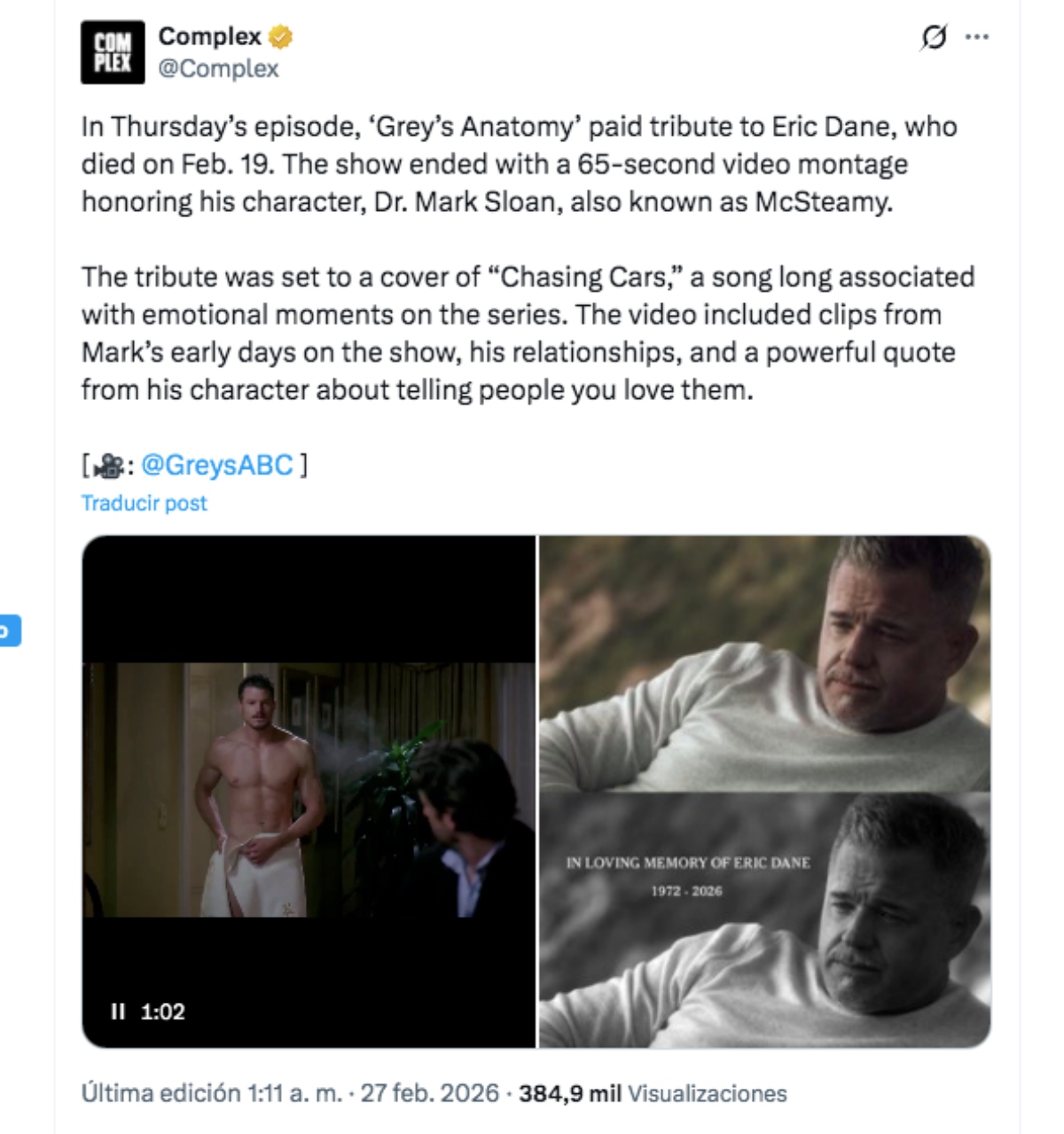 Eric Dane homenaje Grey's Anatomy