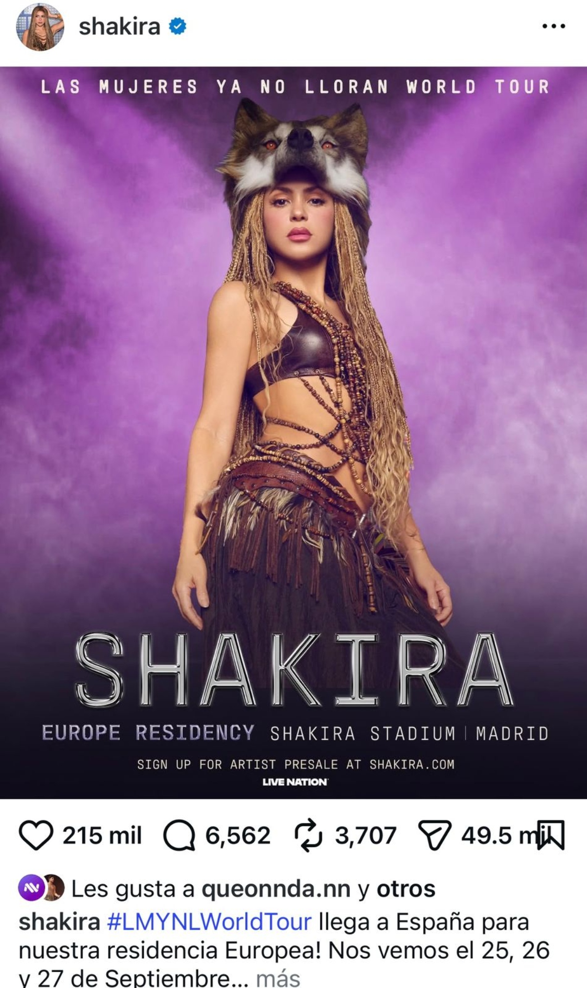 Shakira anuncia residencia de conciertos en España