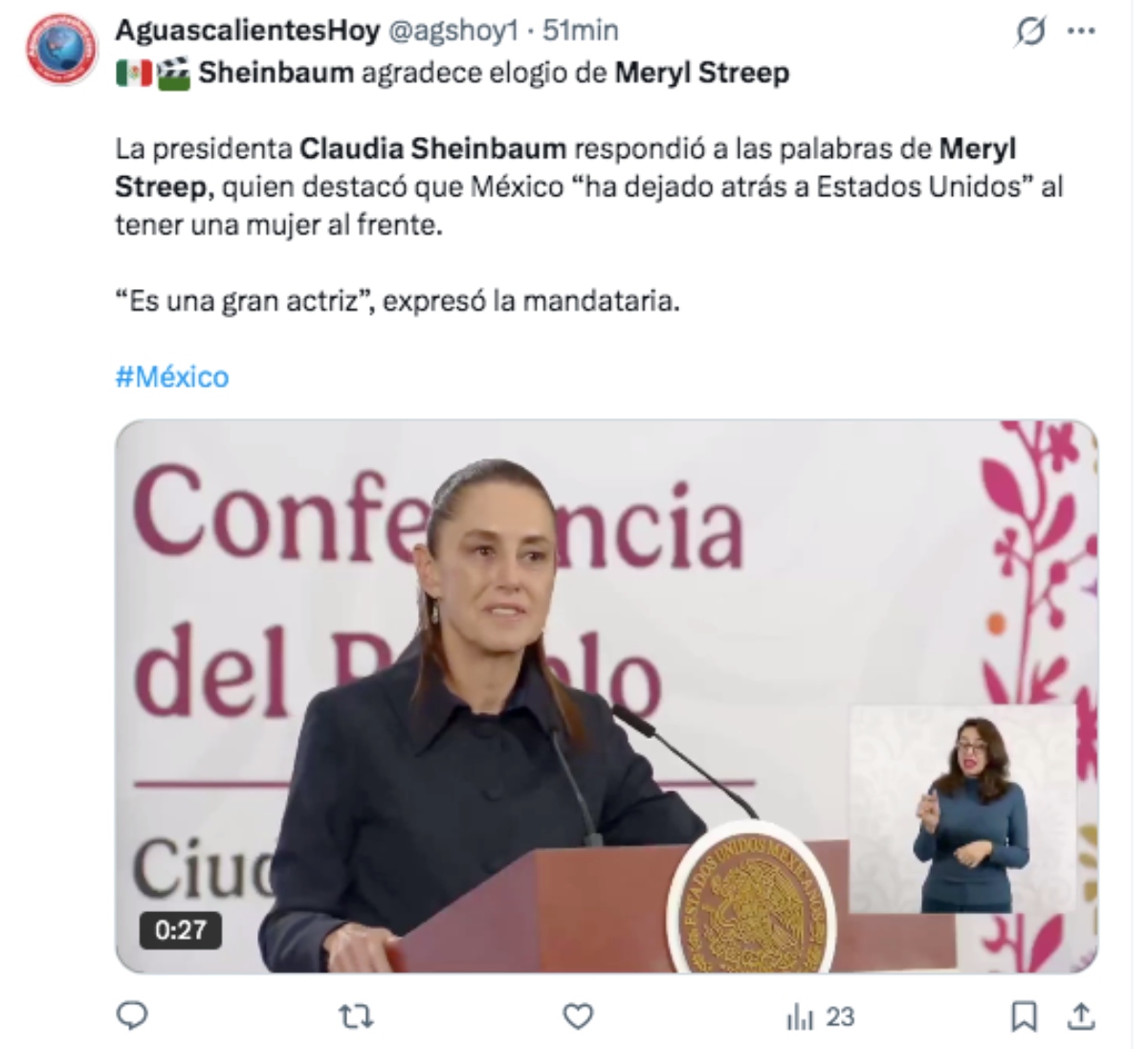 Claudia Sheinbaum agradeció a Meryl Streep