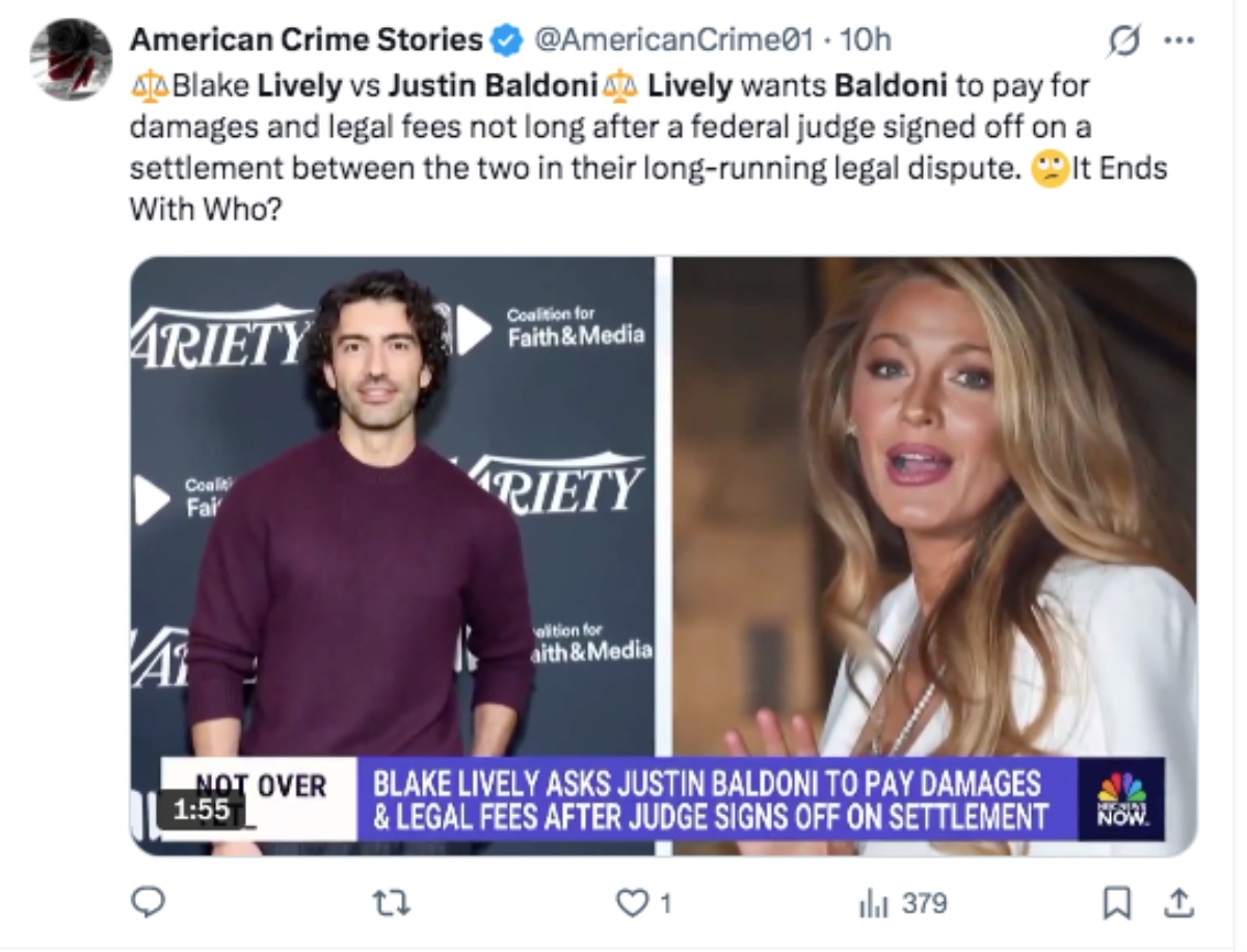 Blake Lively wants money to close her case against actor Justin Baldoni