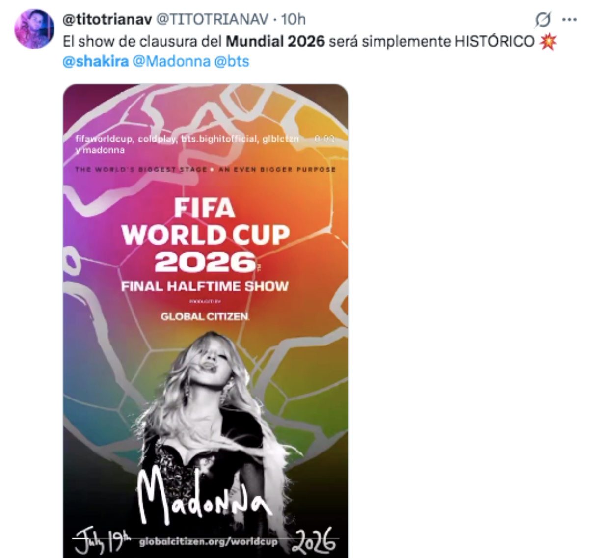 Shakira Madonna y BTS cantarán en la final del Mundial 2026