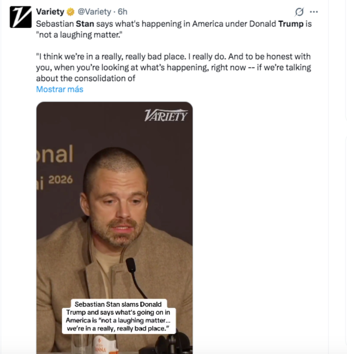 Sebastian Stan arremete contra Trump por situación en EEUU