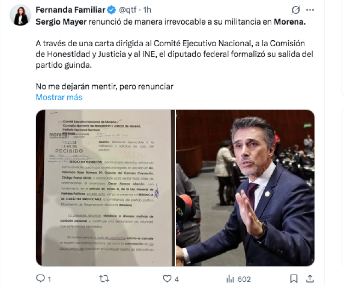 Sergio Mayer renuncia a la militancia del partido Morena