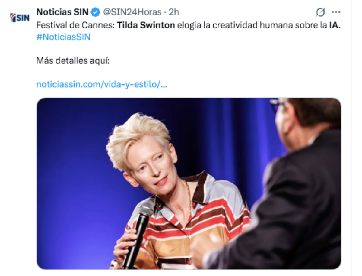 Actress Tilda Swinton speaks out against Artificial Intelligence
