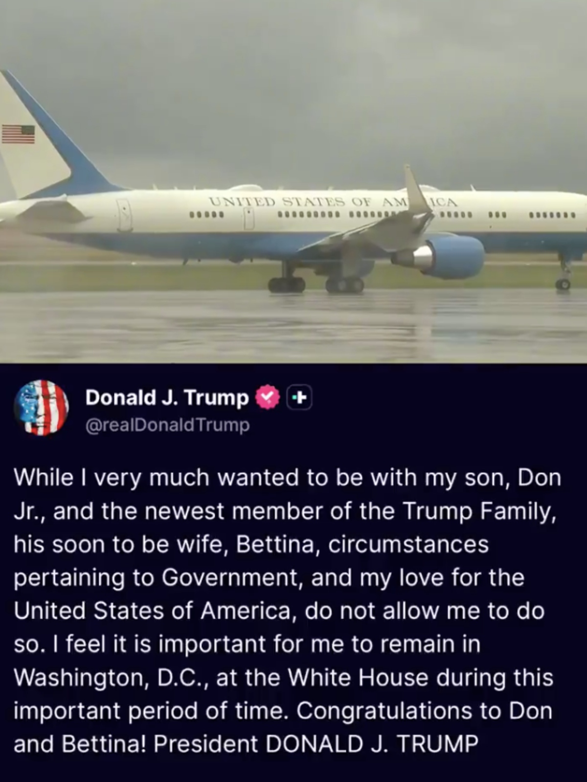 Donald Trump confirma que no asistirá a la boda de su hijo Donald Trump Jr