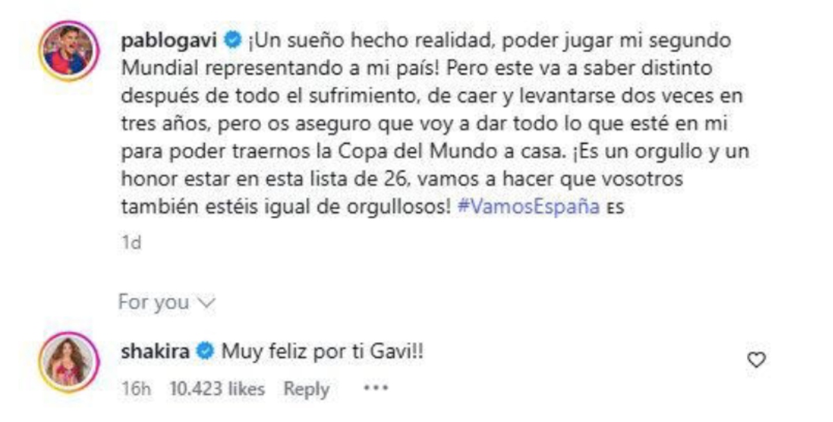 Shakira manda inesperado mensaje a futbolista español Gavi