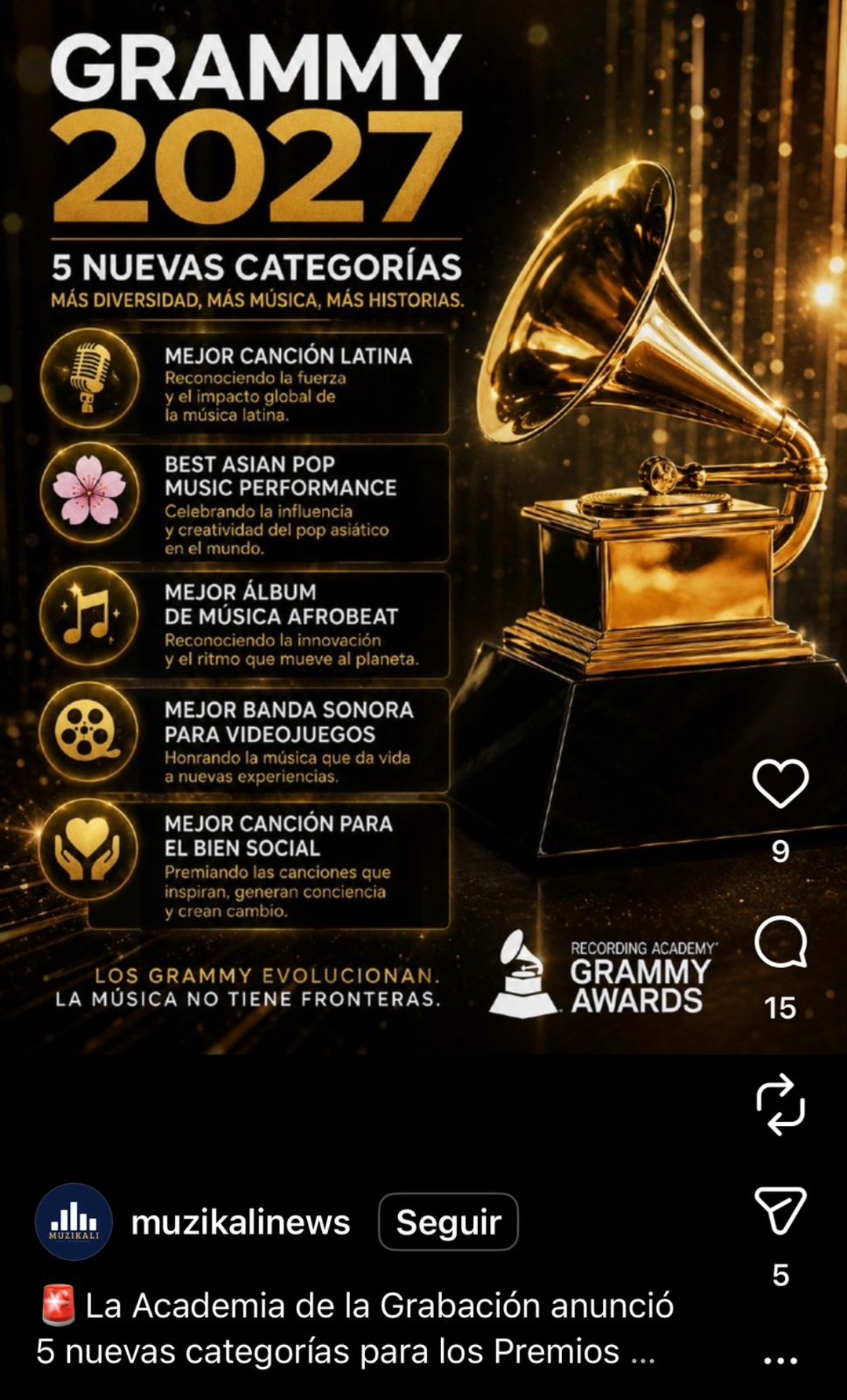 Premios Grammy tendrán cinco nuevas categorías