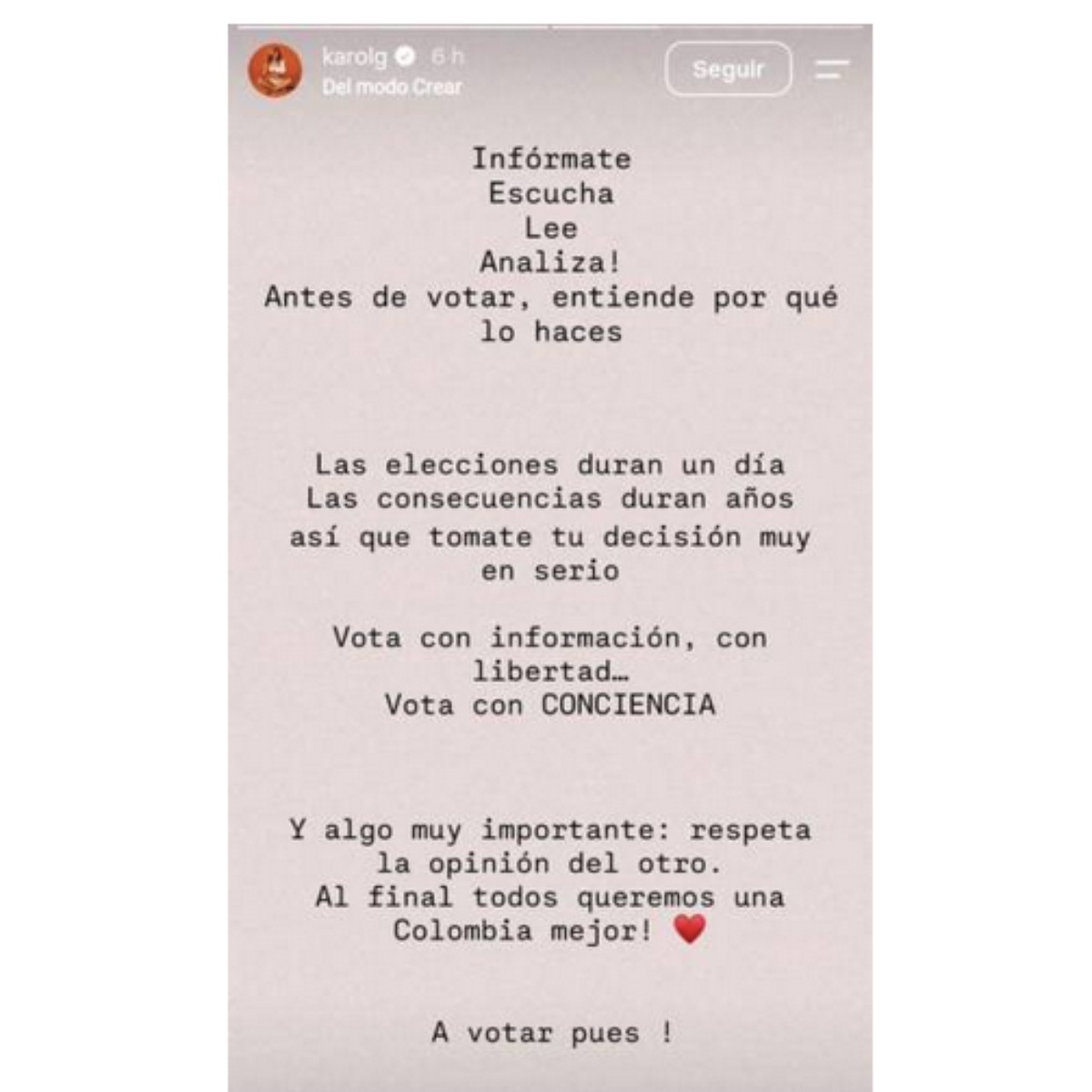 Karol G se pronuncia sobre las elecciones en Colombia