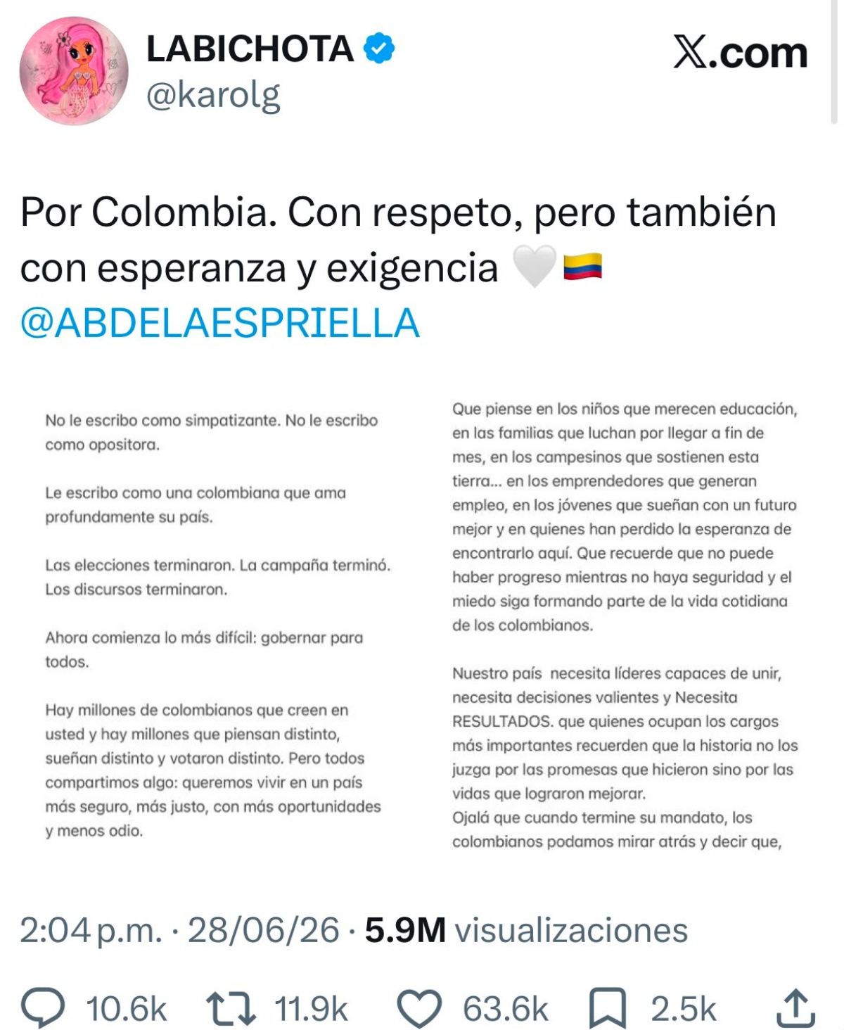 Karol G escribe una carta a Abelardo de la Espriella, Presidente electo de Colombia