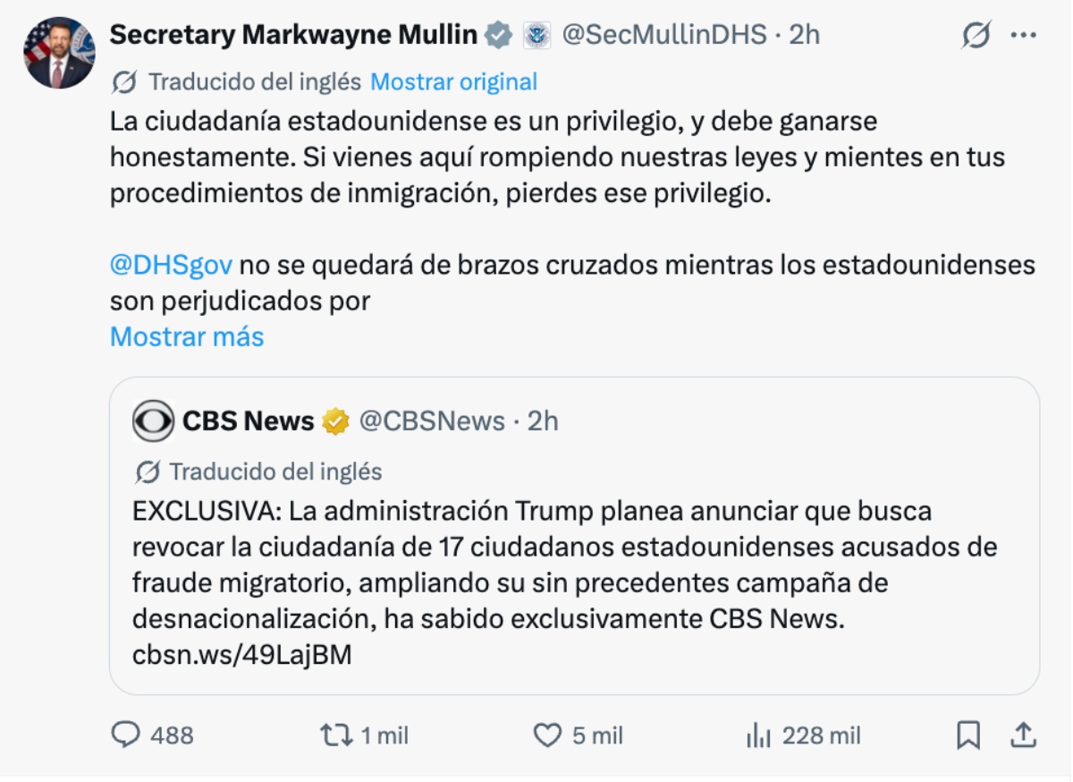 Gobierno de Trump busca quitar la ciudadanía por fraude migratorio