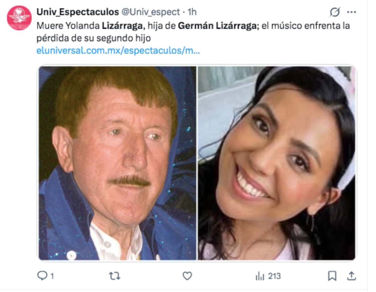 Germán Lizárraga está de luto por la muerte de su hija Yolanda