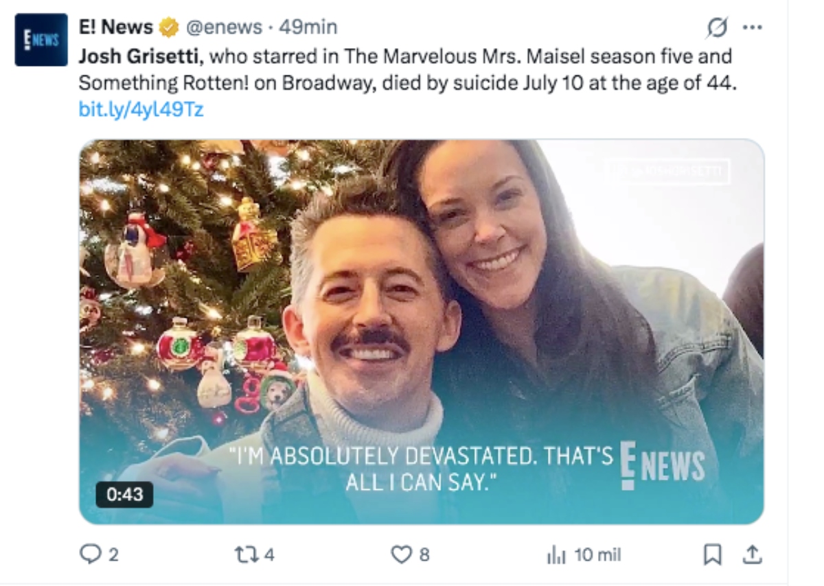 Se quita la vida el actor de televisión Josh Grisetti
