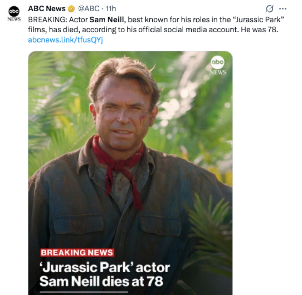 Muere actor Sam Neill famoso por la película 'Jurassic Park'