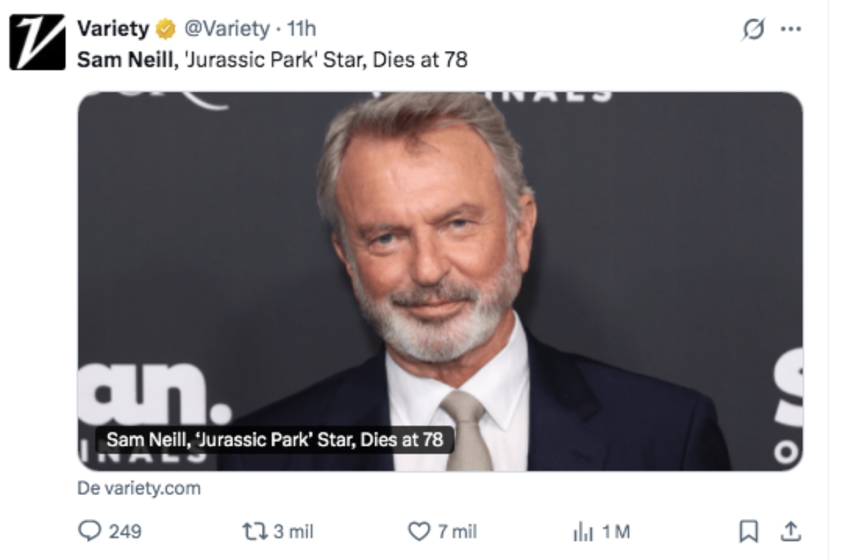 Muere actor Sam Neill famoso por la película 'Jurassic Park'