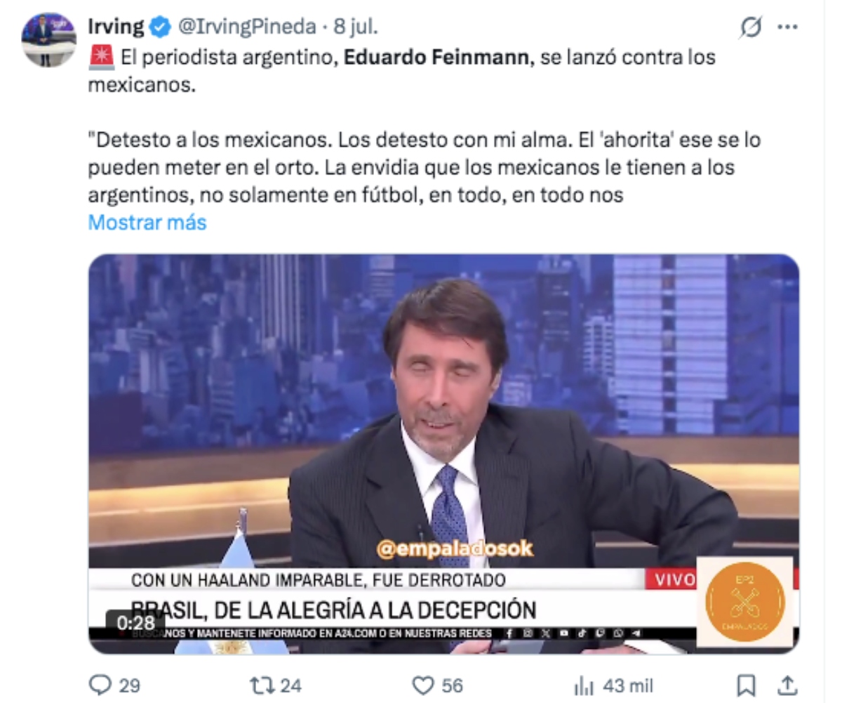 Periodista argentino Eduardo Feinmann se arrepiente y pide perdón a los mexicanos