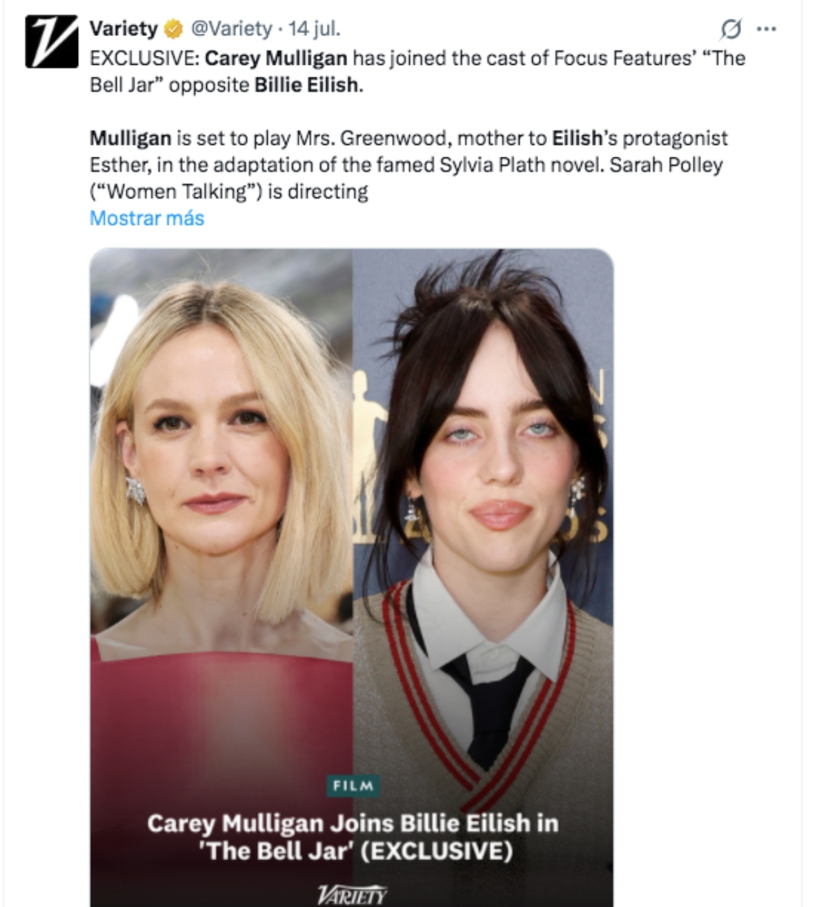 Carey Mulligan se integra a 'The Bell Jar' película debut de Billie Eilish