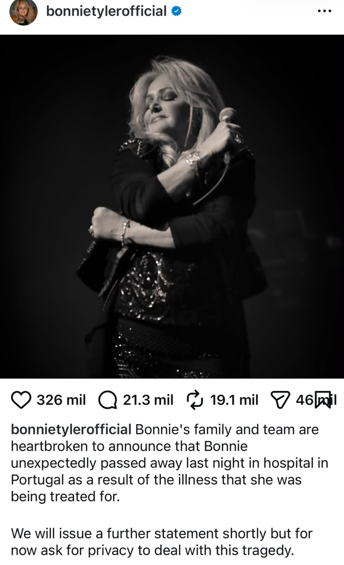 Bonnie Tyler Dies at Age 75 After Several Weeks in the Hospital
