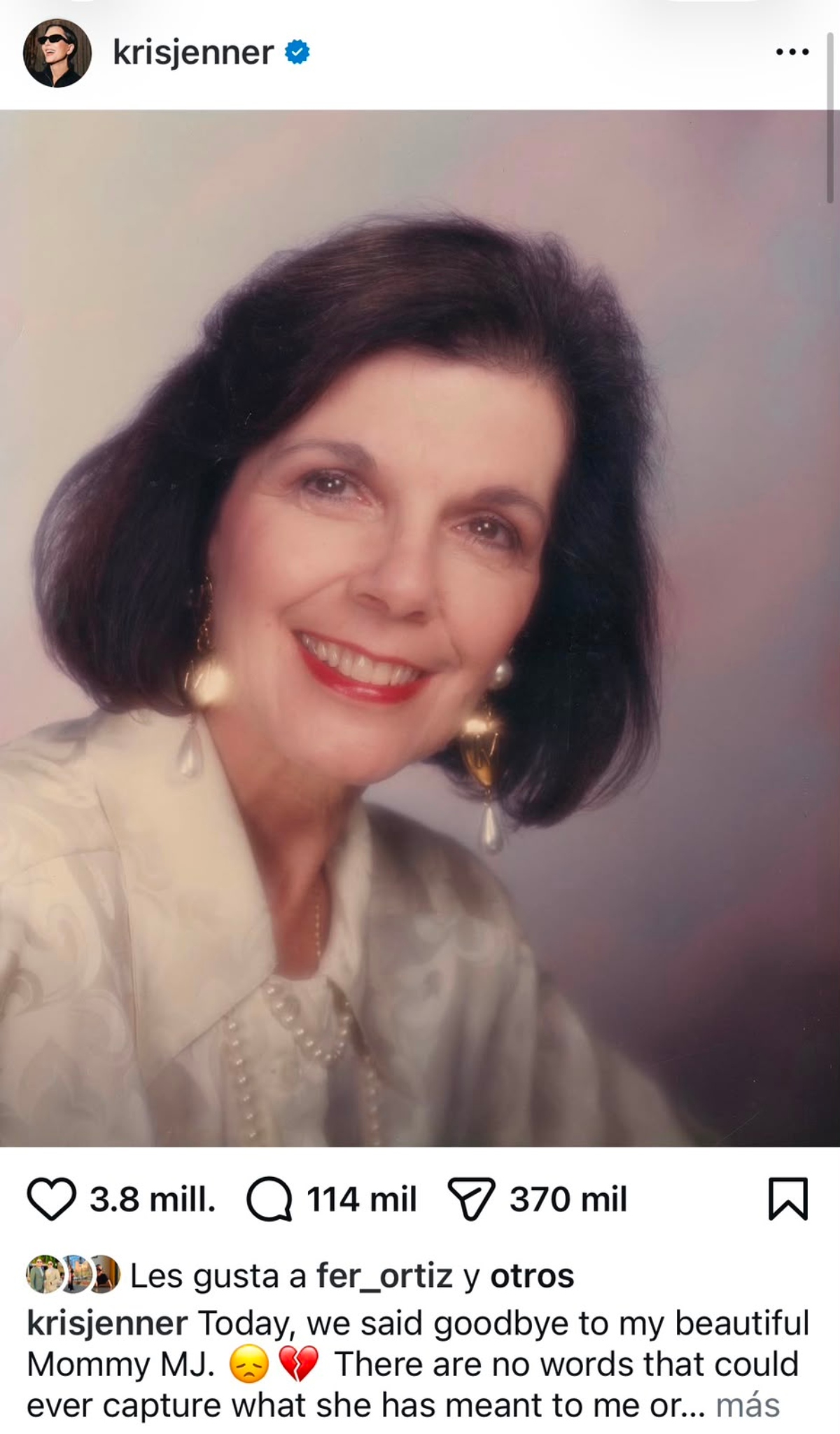 Muere Mary Jo 'MJ' Shannon, madre de Kris Jenner y abuela de las Kardashian