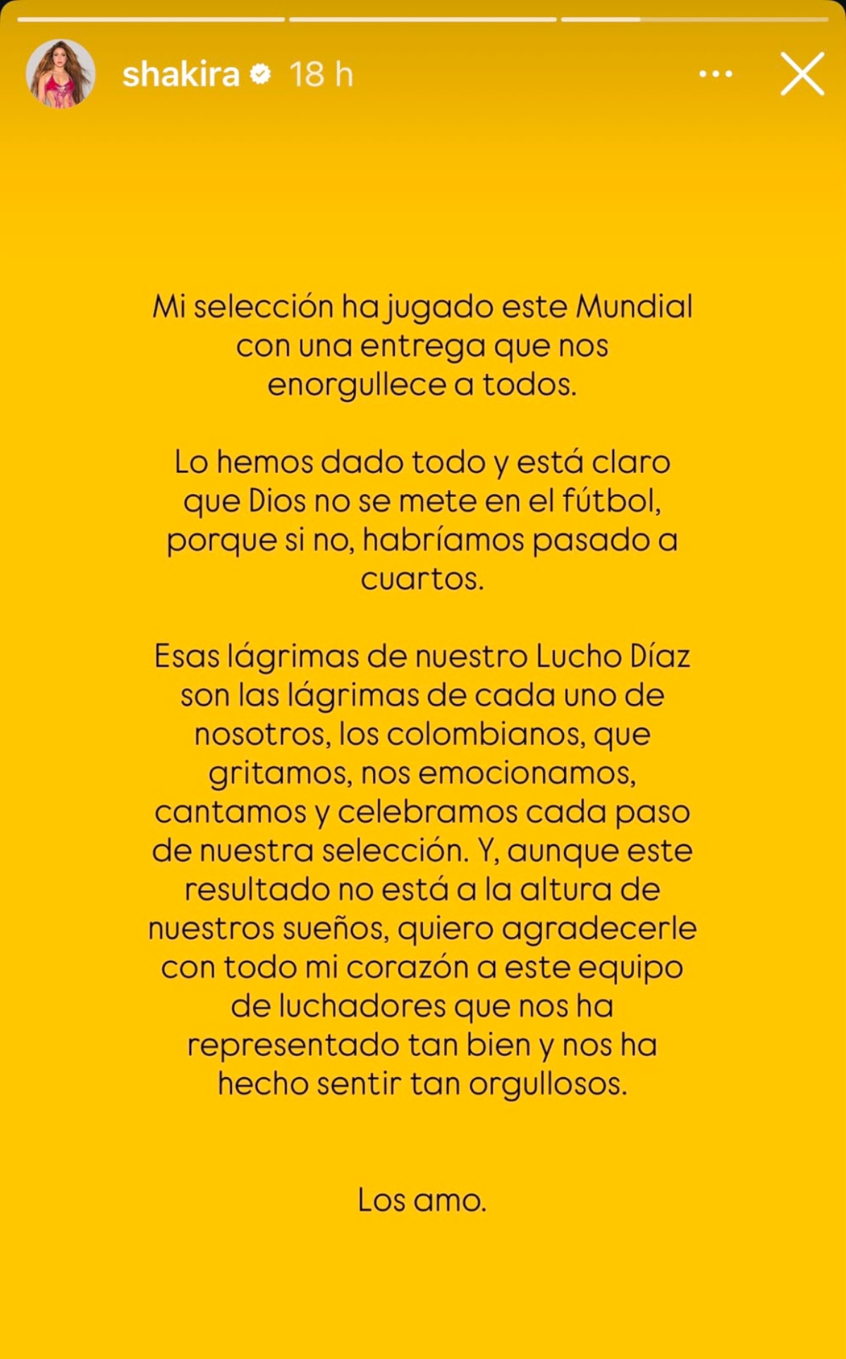 Shakira manda mensaje consolando a la selección de Colombia