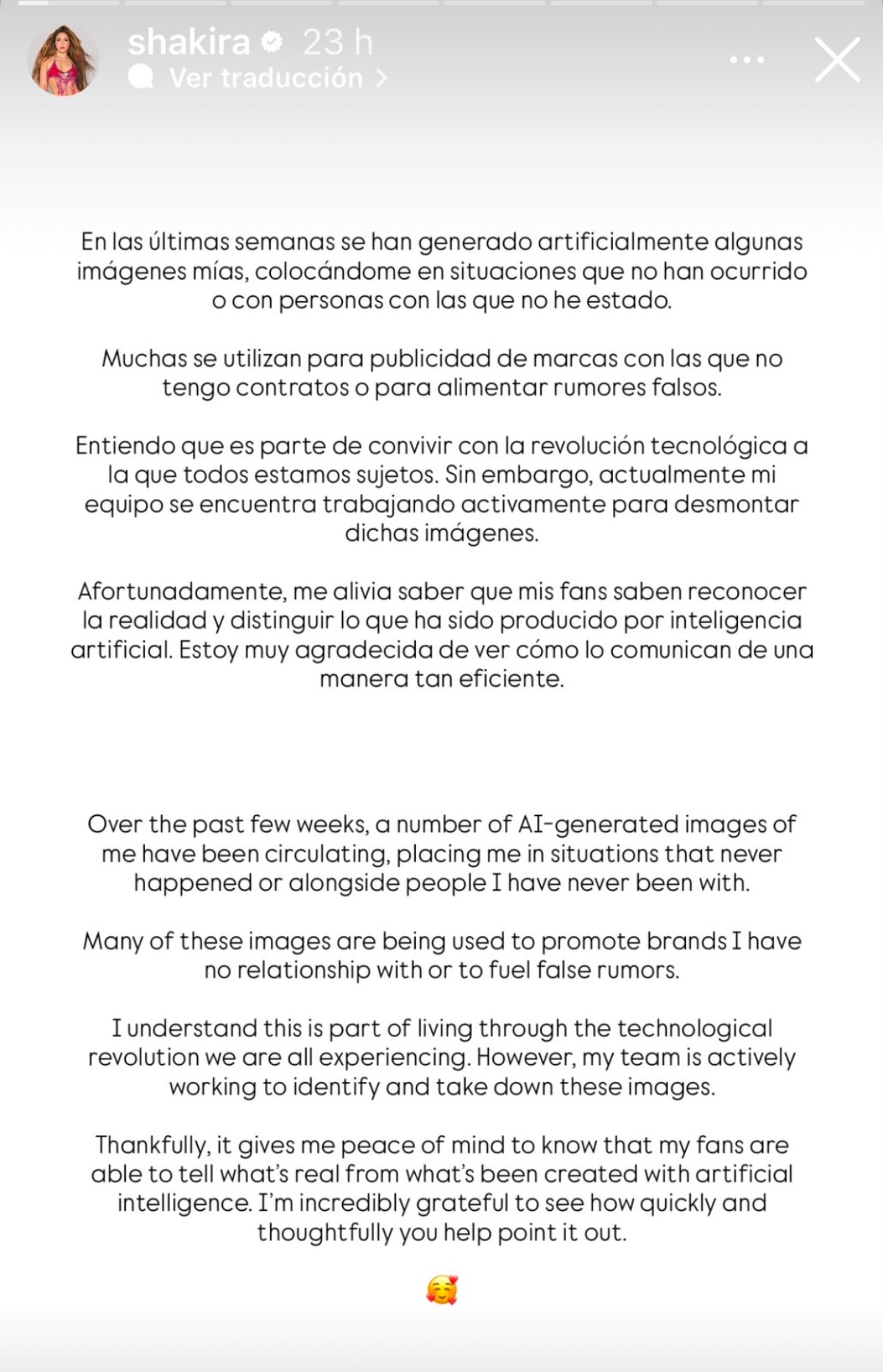 Shakira's message: fake images generated by artificial intelligence